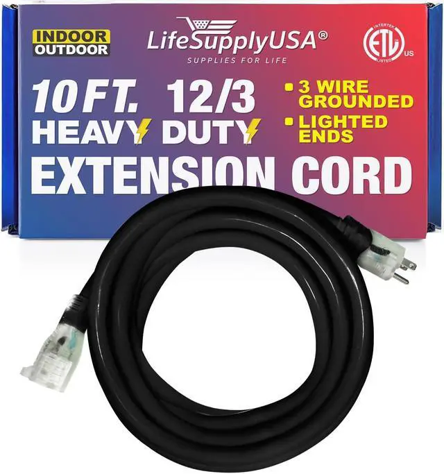 Alt view image 2 of 2 - 10 ft extension cord 12/3 sjtw with lighted end - black - indoor / outdoor heavy duty extra durability 15amp 125v 1875w etl listed by lifesupplyusa