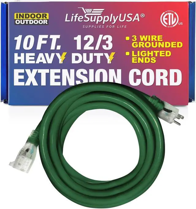 Main image of 10FT Power Extension Cord Outdoor & Indoor - Waterproof Electric Drop Cord Cable - 3 Prong SJTW, 12 Gauge, 15 AMP, 125 Volts, 1875 Watts, 12/3 - ETL Listed by LifeSupplyUSA - Green (1 Pack)