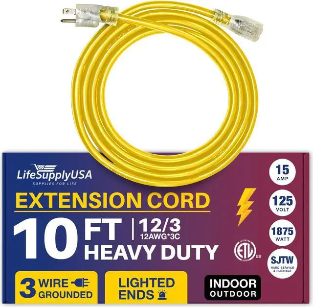 Main image of 10FT Power Extension Cord Outdoor & Indoor - Waterproof Electric Drop Cord Cable - 3 Prong SJTW, 12 Gauge, 15 AMP, 125 Volts, 1875 Watts, 12/3 - ETL Listed by LifeSupplyUSA - Yellow (1 Pack)