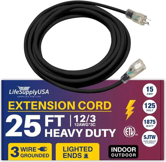 Main image of 25FT Power Extension Cord Outdoor & Indoor - Waterproof Electric Drop Cord Cable - 3 Prong SJTW, 12 Gauge, 15 AMP, 125 Volts, 1875 Watts, 12/3 - ETL Listed by LifeSupplyUSA - Black (1 Pack)