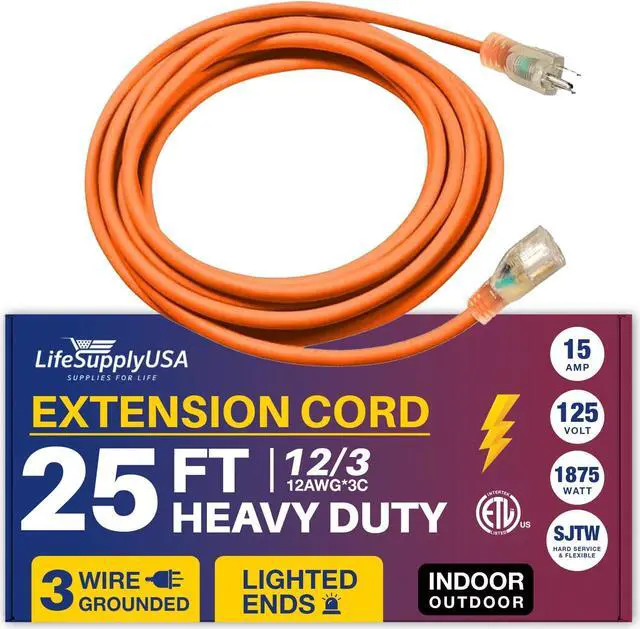 Main image of 25FT Power Extension Cord Outdoor & Indoor - Waterproof Electric Drop Cord Cable - 3 Prong SJTW, 12 Gauge, 15 AMP, 125 Volts, 1875 Watts, 12/3 - ETL Listed by LifeSupplyUSA - Orange (1 Pack)
