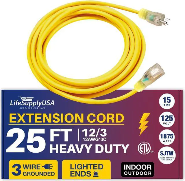 Main image of 25FT Power Extension Cord Outdoor & Indoor - Waterproof Electric Drop Cord Cable - 3 Prong SJTW, 12 Gauge, 15 AMP, 125 Volts, 1875 Watts, 12/3 - ETL Listed by LifeSupplyUSA - Yellow (1 Pack)