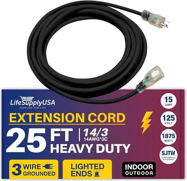Alt view image 5 of 5 - 14/3 25ft SJTW 13 Amp 125 Volt 1625 Watt Lighted End Indoor/Outdoor Black Heavy Duty Extension Cord (25 Feet)