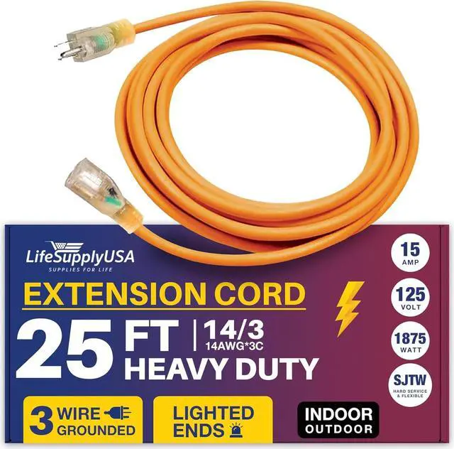 Main image of 25FT Power Extension Cord Outdoor & Indoor - Waterproof Electric Drop Cord Cable - 3 Prong SJTW, 14 Gauge, 15 AMP, 125 Volts, 1875 Watts, 14/3 by LifeSupplyUSA - Orange (1 Pack)