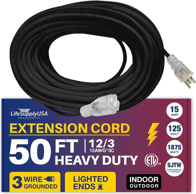 Alt view image 2 of 2 - 50 ft extension cord 12/3 sjtw with lighted end - black - indoor / outdoor heavy duty extra durability 15amp 125v 1875w etl listed by lifesupplyusa