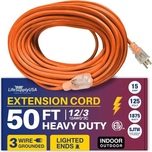 Alt view image 2 of 3 - 50 ft extension cord 12/3 sjtw with lighted end - orange - indoor / outdoor heavy duty extra durability 15amp 125v 1875w etl listed by lifesupplyusa
