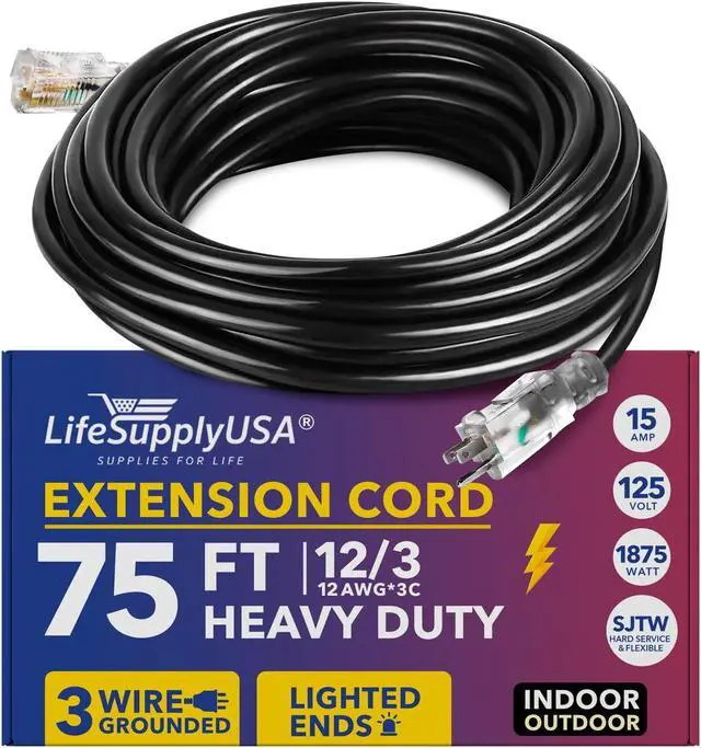 Alt view image 2 of 3 - 75 ft extension cord 12/3 sjtw with lighted end - black - indoor / outdoor heavy duty extra durability 15amp 125v 1875w etl listed by lifesupplyusa