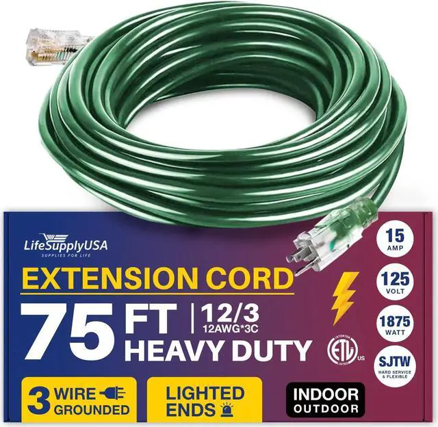 Main image of 75FT Power Extension Cord Outdoor & Indoor - Waterproof Electric Drop Cord Cable - 3 Prong SJTW, 12 Gauge, 15 AMP, 125 Volts, 1875 Watts, 12/3 - ETL Listed by LifeSupplyUSA - Green (1 Pack)