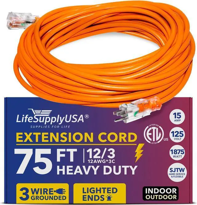 Alt view image 2 of 3 - 75 ft extension cord 12/3 sjtw with lighted end - orange - indoor / outdoor heavy duty extra durability 15amp 125v 1875w etl listed by lifesupplyusa