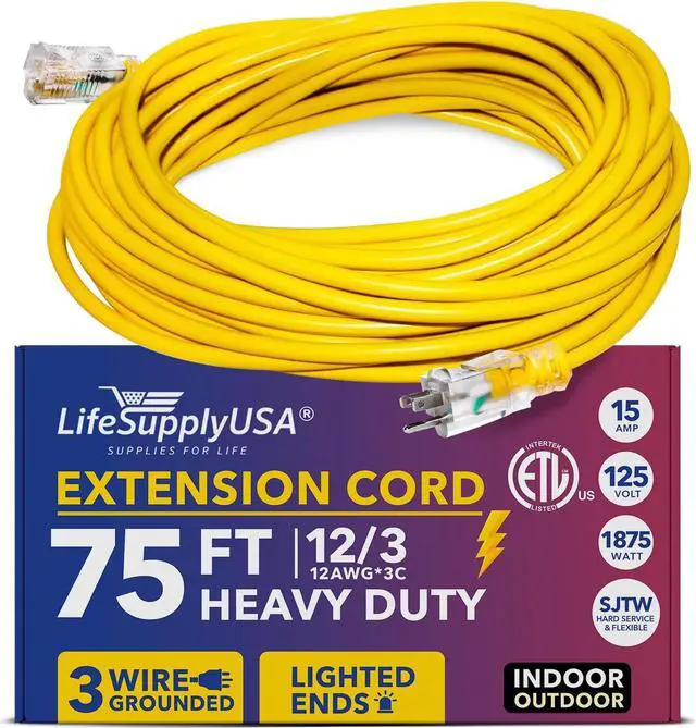 Alt view image 2 of 2 - 75 ft extension cord 12/3 sjtw with lighted end - yellow - indoor / outdoor heavy duty extra durability 15amp 125v 1875w etl listed by lifesupplyusa