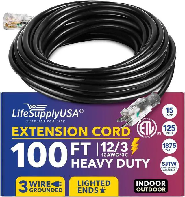 Alt view image 2 of 2 - 100 ft extension cord 12/3 sjtw with lighted end - black - indoor / outdoor heavy duty extra durability 15amp 125v 1875w etl listed by lifesupplyusa