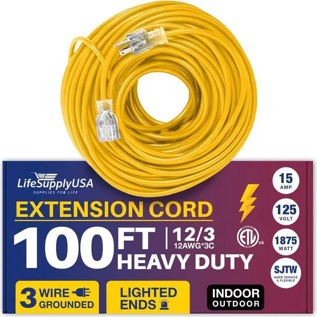 Alt view image 2 of 2 - 100 ft extension cord 12/3 sjtw with lighted end - yellow - indoor / outdoor heavy duty extra durability 15amp 125v 1875w etl listed by lifesupplyusa