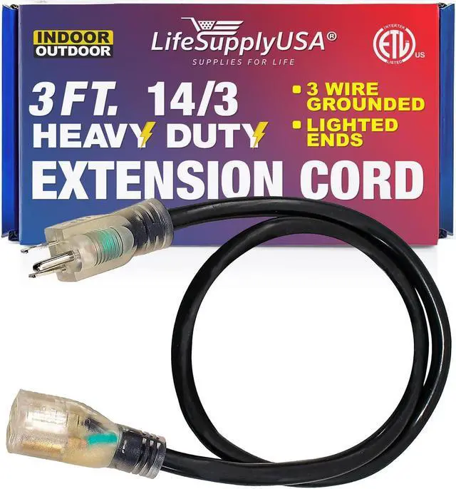 Main image of 3FT Power Extension Cord Outdoor & Indoor - Waterproof Electric Drop Cord Cable - 3 Prong SJTW, 14 Gauge, 15 AMP, 125 Volts, 1875 Watts, 14/3 - ETL Listed by LifeSupplyUSA - Black (1 Pack)