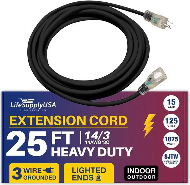 Alt view image 2 of 3 - 25 ft extension cord 14/3 sjtw with lighted end - black - indoor / outdoor heavy duty extra durability 15amp 125v 1875w etl listed by lifesupplyusa
