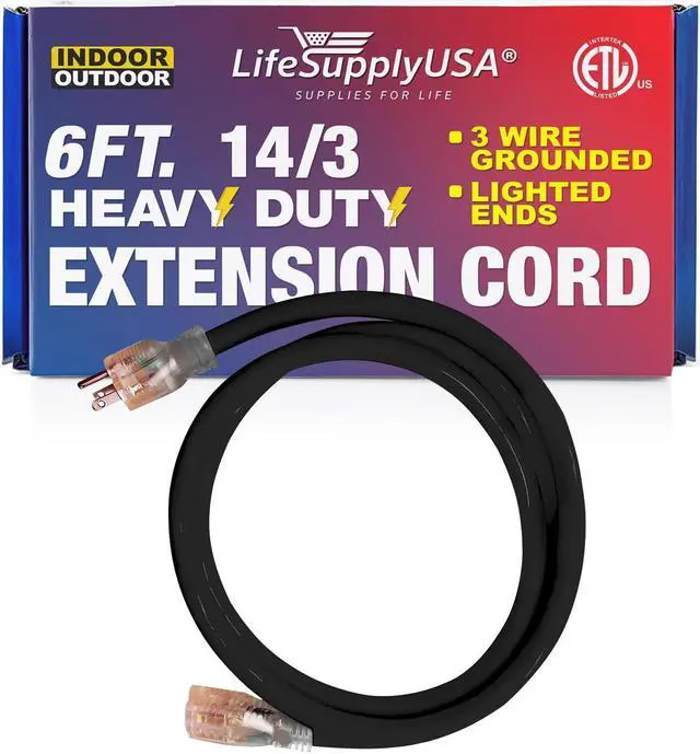 Main image of 6FT Power Extension Cord Outdoor & Indoor - Waterproof Electric Drop Cord Cable - 3 Prong SJTW, 14 Gauge, 15 AMP, 125 Volts, 1875 Watts, 14/3 - ETL Listed by LifeSupplyUSA - Black (1 Pack)