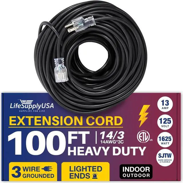 Alt view image 2 of 2 - 100 ft extension cord 14/3 sjtw with lighted end - black - indoor / outdoor heavy duty extra durability 13amp 125v 1625w etl listed by lifesupplyusa