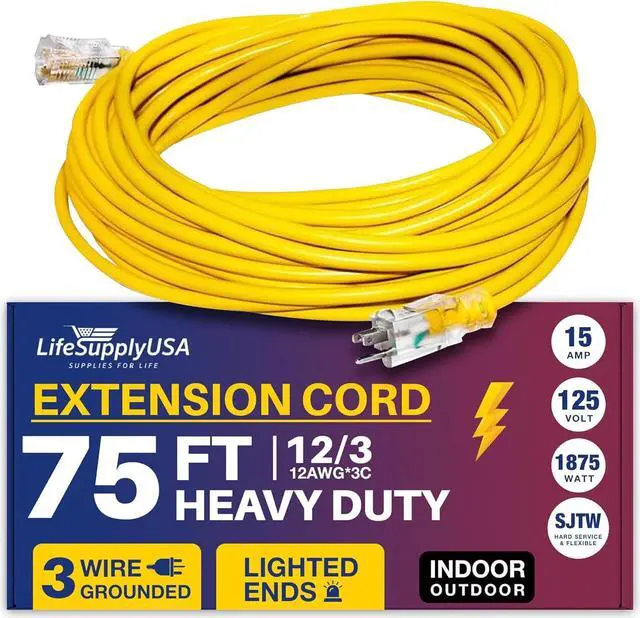 Alt view image 5 of 5 - 12/3 75ft SJTW 15 Amp 125 Volt 1875 Watt Lighted End Indoor/Outdoor Extension Cord (75 feet)