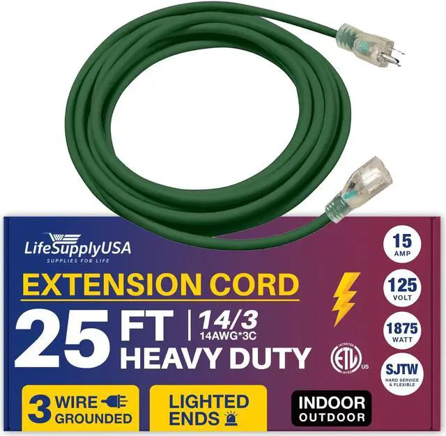 Main image of 25FT Power Extension Cord Outdoor & Indoor - Waterproof Electric Drop Cord Cable - 3 Prong SJTW, 14 Gauge, 15 AMP, 125 Volts, 1875 Watts, 14/3 - ETL Listed by LifeSupplyUSA - Green (1 Pack)