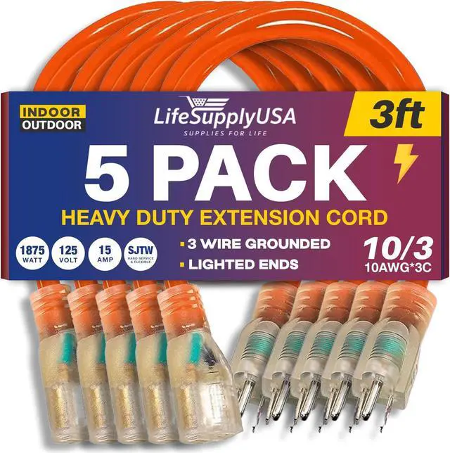 Main image of 3FT Power Extension Cord Outdoor & Indoor - Waterproof Electric Drop Cord Cable - 3 Prong SJTW, 10 Gauge, 15 AMP, 125 Volts, 1875 Watts, 10/3 by LifeSupplyUSA - Orange (5 Pack)