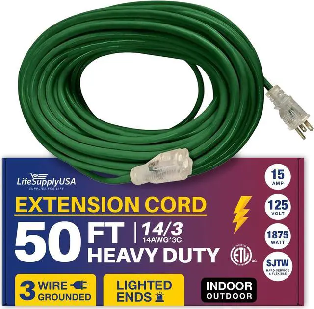 Main image of 50FT Power Extension Cord Outdoor & Indoor - Waterproof Electric Drop Cord Cable - 3 Prong SJTW, 14 Gauge, 15 AMP, 125 Volts, 1875 Watts, 14/3 - ETL Listed by LifeSupplyUSA - Green (1 Pack)