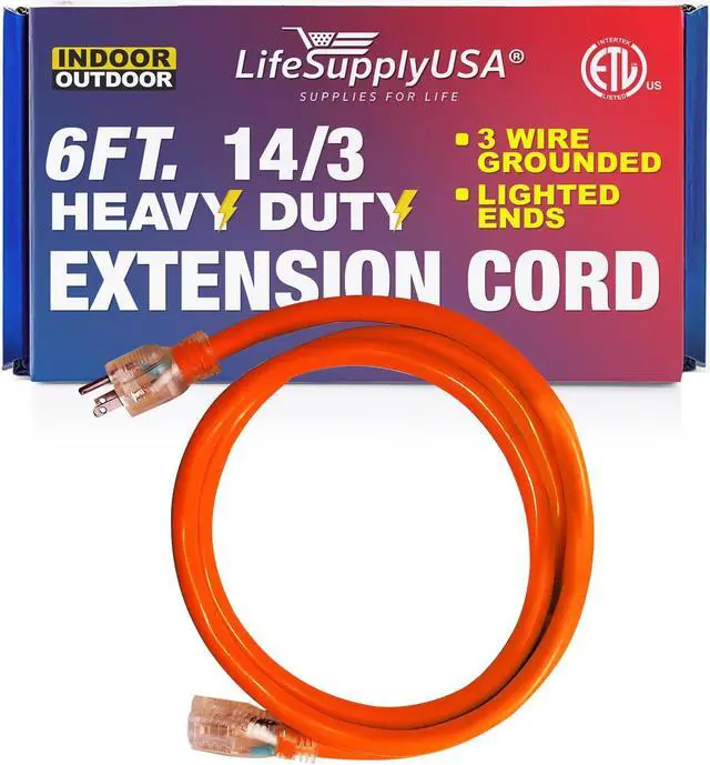 Main image of 6FT Power Extension Cord Outdoor & Indoor - Waterproof Electric Drop Cord Cable - 3 Prong SJTW, 14 Gauge, 15 AMP, 125 Volts, 1875 Watts, 14/3 - ETL Listed by LifeSupplyUSA - Orange (1 Pack)