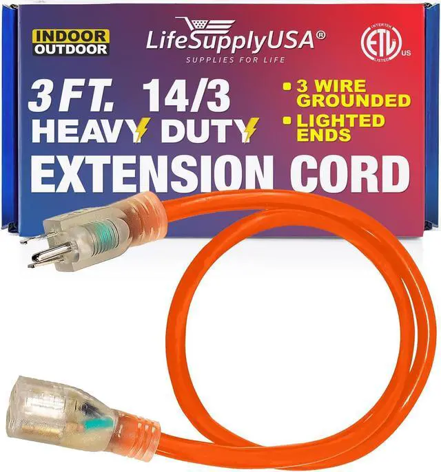 Main image of 3FT Power Extension Cord Outdoor & Indoor - Waterproof Electric Drop Cord Cable - 3 Prong SJTW, 14 Gauge, 15 AMP, 125 Volts, 1875 Watts, 14/3 - ETL Listed by LifeSupplyUSA - Orange (1 Pack)