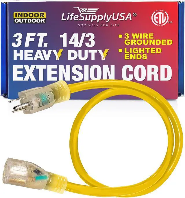 Main image of 3FT Power Extension Cord Outdoor & Indoor - Waterproof Electric Drop Cord Cable - 3 Prong SJTW, 14 Gauge, 15 AMP, 125 Volts, 1875 Watts, 14/3 - ETL Listed by LifeSupplyUSA - Yellow (1 Pack)