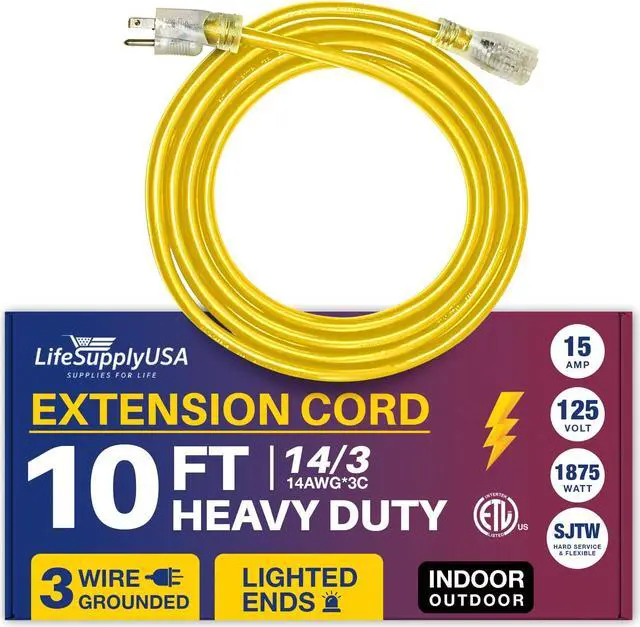 Alt view image 2 of 2 - 10 ft extension cord 14/3 sjtw with lighted end - yellow - indoor / outdoor heavy duty extra durability 15amp 125v 1875w etl listed by lifesupplyusa