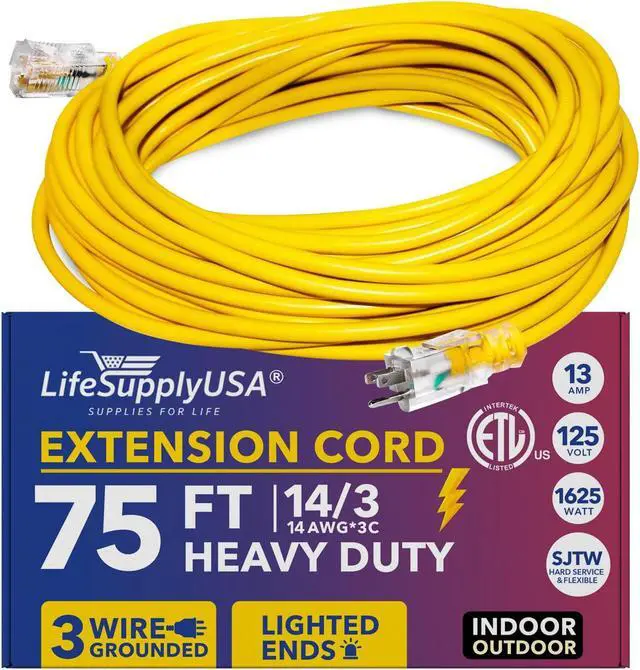 Main image of 75FT Power Extension Cord Outdoor & Indoor - Waterproof Electric Drop Cord Cable - 3 Prong SJTW, 14 Gauge, 13 AMP, 125 Volts, 1625 Watts, 14/3 - ETL Listed by LifeSupplyUSA - Yellow (1 Pack)