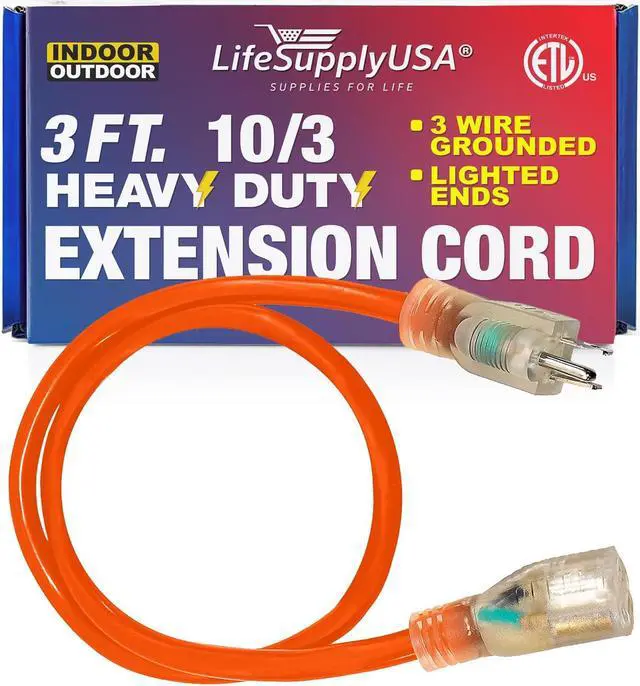 Main image of 3FT Power Extension Cord Outdoor & Indoor - Waterproof Electric Drop Cord Cable - 3 Prong SJTW, 16 Gauge, 13 AMP, 125 Volts, 1625 Watts, 16/3 - ETL Listed by LifeSupplyUSA - Orange (1 Pack)