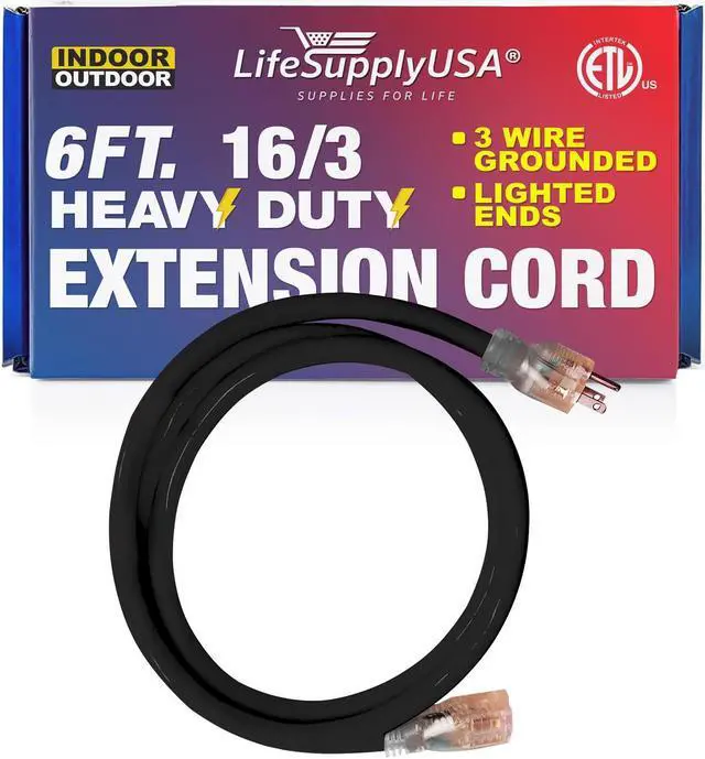 Alt view image 2 of 2 - 6 ft extension cord 16/3 sjtw with lighted end - black - indoor / outdoor heavy duty extra durability 13amp 125v 1625w etl listed by lifesupplyusa