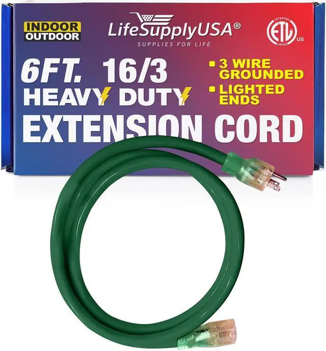 Main image of 6FT Power Extension Cord Outdoor & Indoor - Waterproof Electric Drop Cord Cable - 3 Prong SJTW, 16 Gauge, 13 AMP, 125 Volts, 1625 Watts, 16/3 - ETL Listed by LifeSupplyUSA - Green (1 Pack)