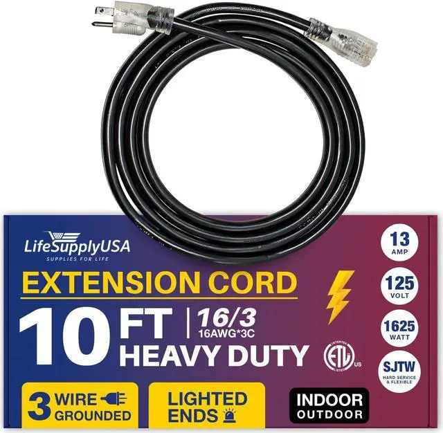 Main image of 10FT Power Extension Cord Outdoor & Indoor - Waterproof Electric Drop Cord Cable - 3 Prong SJTW, 16 Gauge, 13 AMP, 125 Volts, 1625 Watts, 16/3 - ETL Listed by LifeSupplyUSA - Black (1 Pack)
