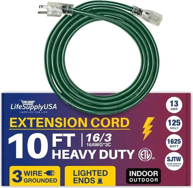 Main image of 10FT Power Extension Cord Outdoor & Indoor - Waterproof Electric Drop Cord Cable - 3 Prong SJTW, 16 Gauge, 13 AMP, 125 Volts, 1625 Watts, 16/3 - ETL Listed by LifeSupplyUSA - Green (1 Pack)