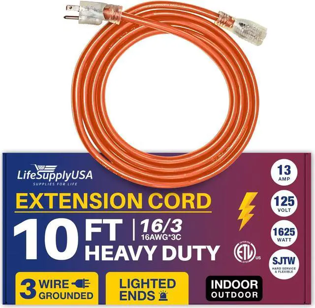 Main image of 10FT Power Extension Cord Outdoor & Indoor - Waterproof Electric Drop Cord Cable - 3 Prong SJTW, 16 Gauge, 13 AMP, 125 Volts, 1625 Watts, 16/3 - ETL Listed by LifeSupplyUSA - Orange (1 Pack)