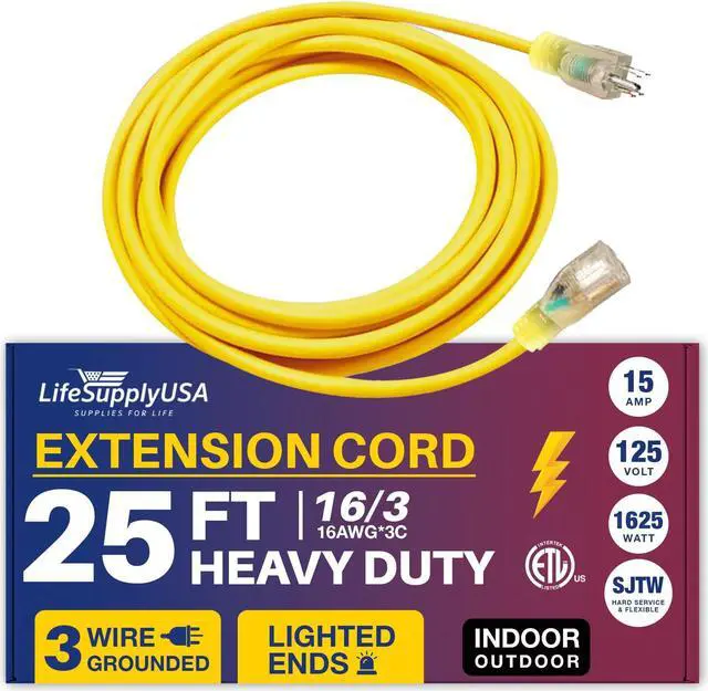 Alt view image 2 of 2 - 25 ft extension cord 16/3 sjtw with lighted end - yellow - indoor / outdoor heavy duty extra durability 13amp 125v 1625w etl listed by lifesupplyusa