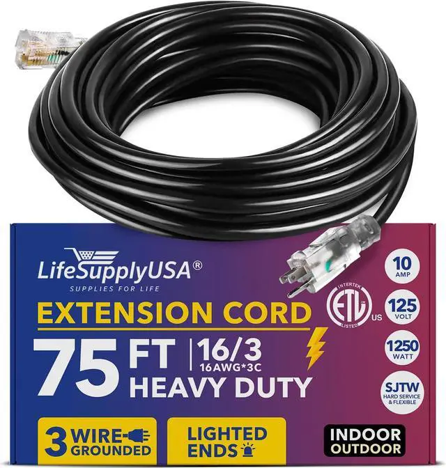 Alt view image 2 of 3 - 75 ft extension cord 16/3 sjtw with lighted end - black - indoor / outdoor heavy duty extra durability 10amp 125v 1250w etl listed by lifesupplyusa