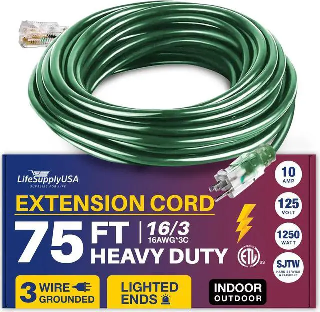 Main image of 75FT Power Extension Cord Outdoor & Indoor - Waterproof Electric Drop Cord Cable - 3 Prong SJTW, 16 Gauge, 10 AMP, 125 Volts, 1250 Watts, 16/3 - ETL Listed by LifeSupplyUSA - Green (1 Pack)
