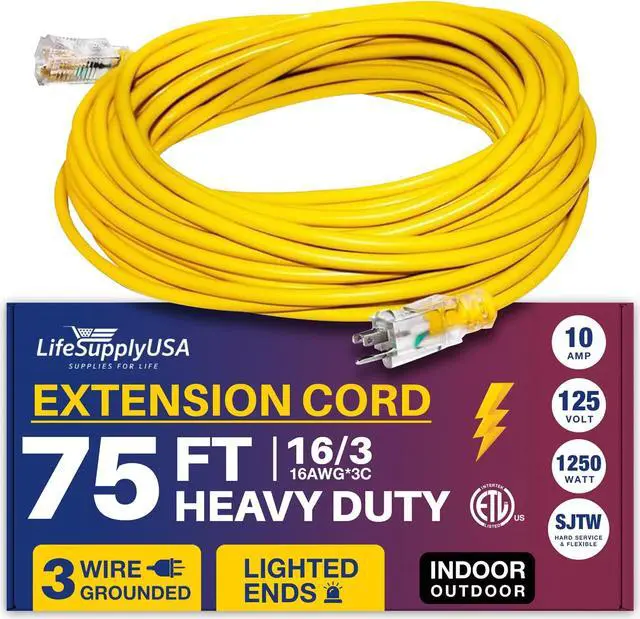 Main image of 75FT Power Extension Cord Outdoor & Indoor - Waterproof Electric Drop Cord Cable - 3 Prong SJTW, 16 Gauge, 10 AMP, 125 Volts, 1250 Watts, 16/3 - ETL Listed by LifeSupplyUSA - Yellow (1 Pack)