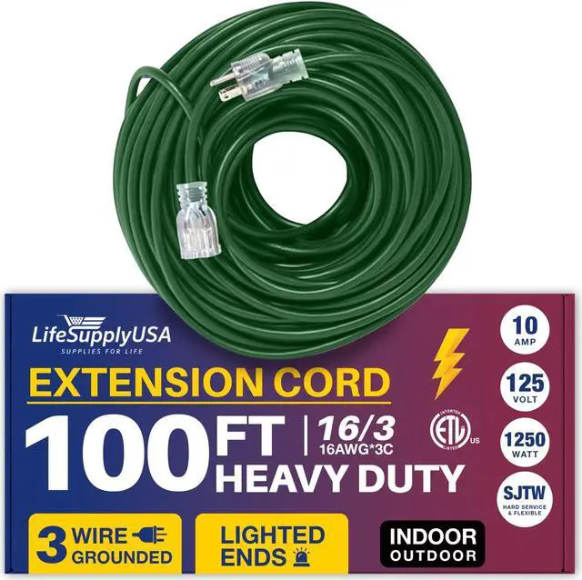 Main image of 100FT Power Extension Cord Outdoor & Indoor - Waterproof Electric Drop Cord Cable - 3 Prong SJTW, 16 Gauge, 10 AMP, 125 Volts, 1250 Watts, 16/3 - ETL Listed by LifeSupplyUSA - Green (1 Pack)