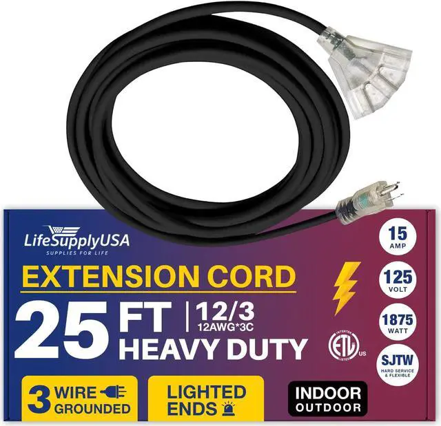 Alt view image 2 of 2 - 25 ft extension cord 12/3 3-outlet sjtw with lighted end - black - indoor / outdoor heavy duty extra durability 15amp 125v 1875w etl listed by lifesupplyusa