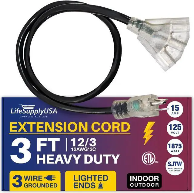 Alt view image 2 of 2 - 3 ft extension cord 12/3 3-outlet sjtw with lighted end - black - indoor / outdoor heavy duty extra durability 15amp 125v 1875w etl listed by lifesupplyusa