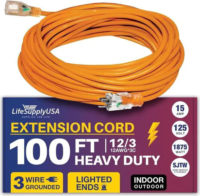 Main image of 100FT Power Extension Cord Outdoor & Indoor - Waterproof Electric Drop Cord Cable - 3 Prong SJTW, 12 Gauge, 15 AMP, 125 Volts, 1875 Watts, 12/3 by LifeSupplyUSA - Orange (1 Pack)