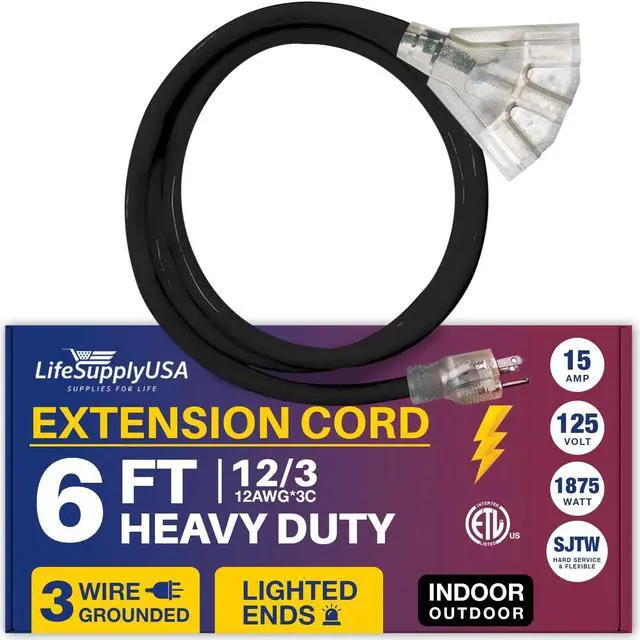Alt view image 2 of 2 - 6 ft extension cord 12/3 3-outlet sjtw with lighted end - black - indoor / outdoor heavy duty extra durability 15amp 125v 1875w etl listed by lifesupplyusa