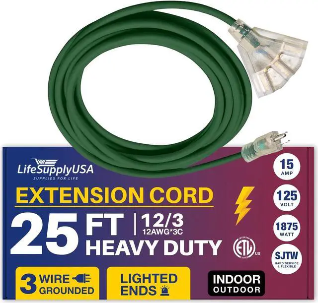 Alt view image 2 of 2 - 25 ft extension cord 12/3 3-outlet sjtw with lighted end - green - indoor / outdoor heavy duty extra durability 15amp 125v 1875w etl listed by lifesupplyusa