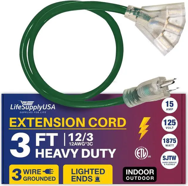 Alt view image 2 of 2 - 3 ft extension cord 12/3 3-outlet sjtw with lighted end - green - indoor / outdoor heavy duty extra durability 15amp 125v 1875w etl listed by lifesupplyusa
