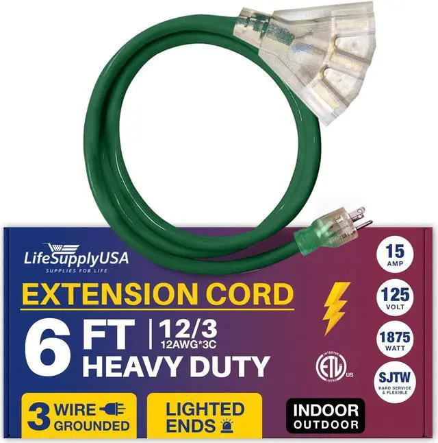 Alt view image 2 of 2 - 6 ft extension cord 12/3 3-outlet sjtw with lighted end - green - indoor / outdoor heavy duty extra durability 15amp 125v 1875w etl listed by lifesupplyusa