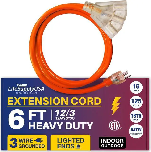 Main image of 6FT Power Extension Cord Outdoor & Indoor - Waterproof Electric Drop Cord Cable - 3 Prong, 3-Outlet, SJTW, 12 Gauge, 15 AMP, 125 Volts, 1875 Watts, 12/3 - ETL Listed by LifeSupplyUSA - Orange (1 Pack)