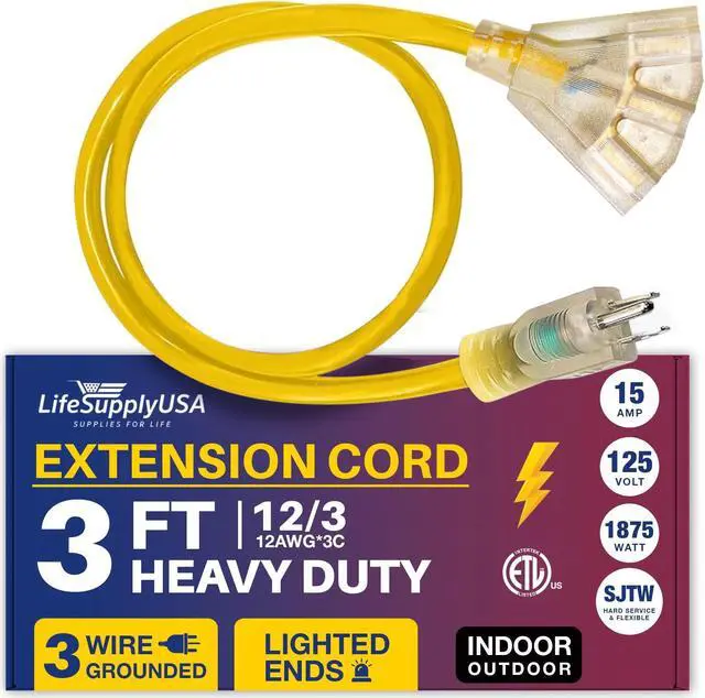 Alt view image 2 of 2 - 3 ft extension cord 12/3 3-outlet sjtw with lighted end - yellow - indoor / outdoor heavy duty extra durability 15amp 125v 1875w etl listed by lifesupplyusa
