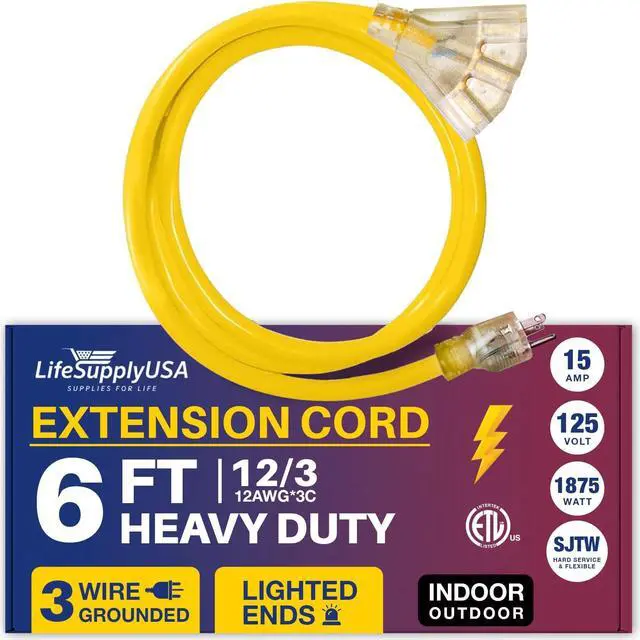Main image of 6FT Power Extension Cord Outdoor & Indoor - Waterproof Electric Drop Cord Cable - 3 Prong, 3-Outlet, SJTW, 12 Gauge, 15 AMP, 125 Volts, 1875 Watts, 12/3 - ETL Listed by LifeSupplyUSA - Yellow (1 Pack)